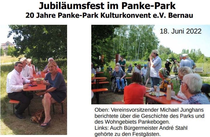 Jubiläumsfest im Panke-Park
			
20 Jahre Panke-Park Kulturkonvent e.V. Bernau

18. Juni 2022